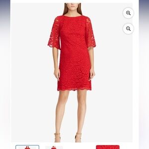Lauren Ralph Lauren Vibrant Red Lace Dress size 12 holiday midi classic chic